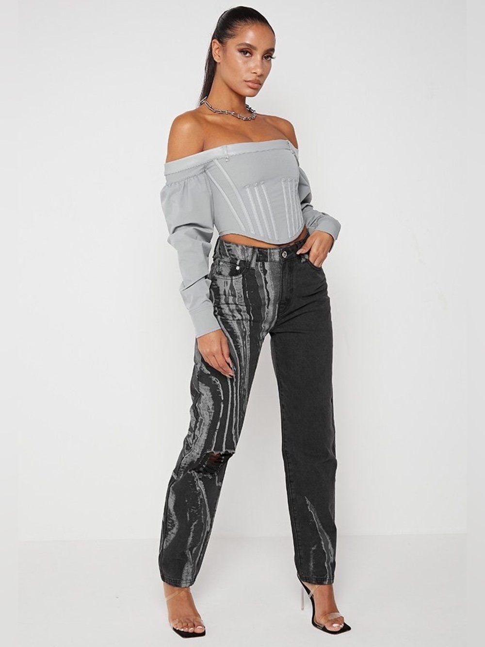 Manière de Voir straight-leg Mom Jeans Black Grey Marble Print Size 6 NWT